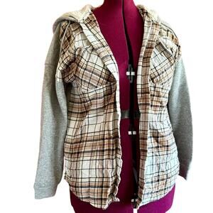 Womens Jacket Size XXL Grey Flannel Hood Shacket Hiking Camping Outdoors Plaid